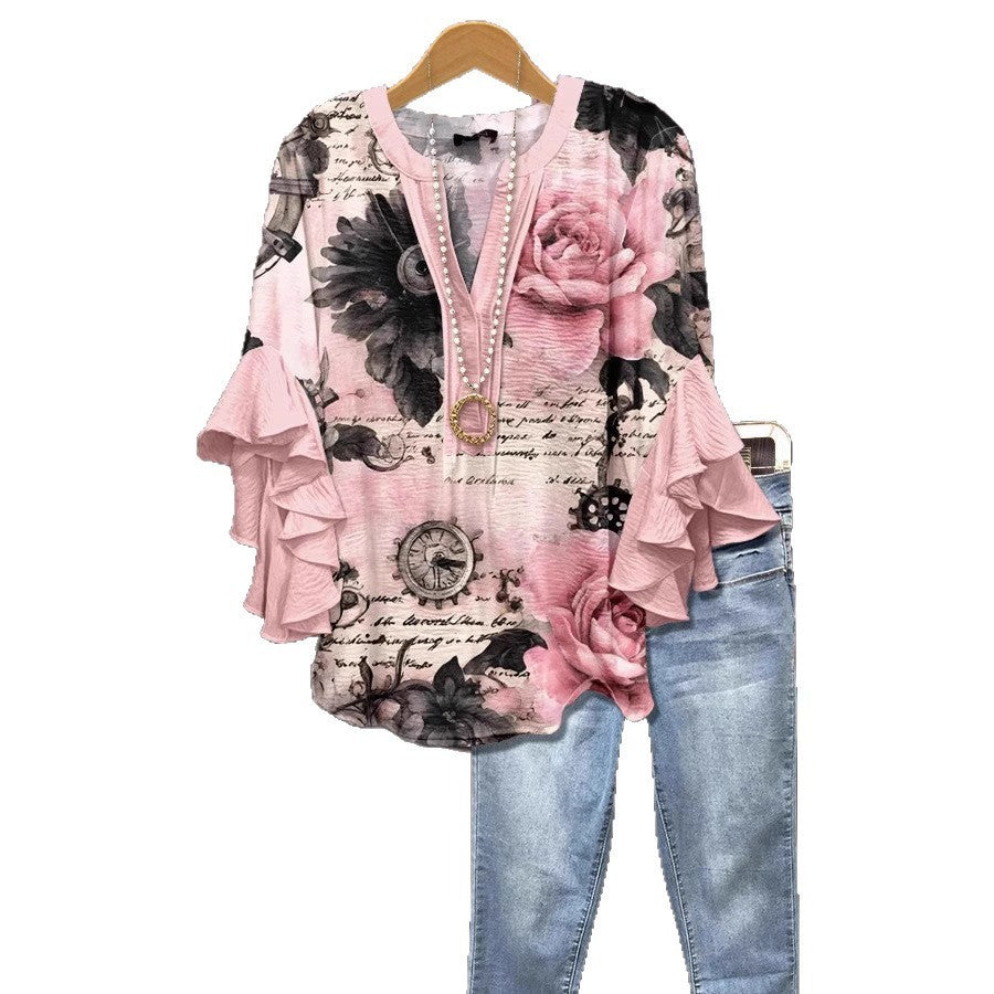 Floral Element Printing Digital Printing Casual Women's Top