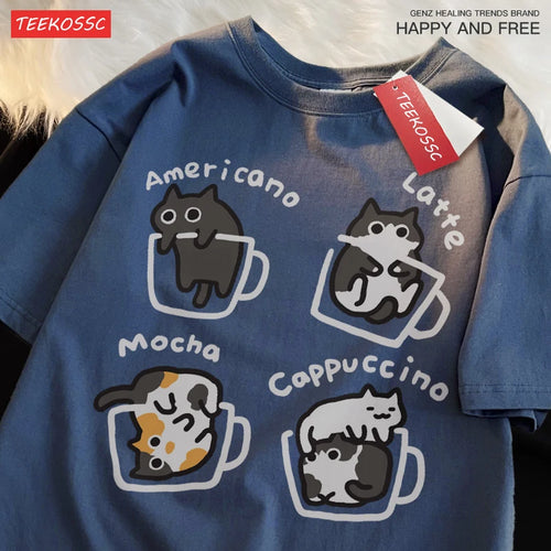 Front view cat coffee graphic unisex cotton tee