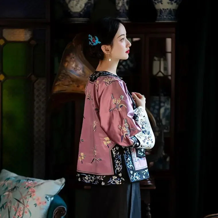 Qing Dynasty Vintage Satin Purple Flowers Printed Long Sleeves Tang Suit Tops Women Traditional Tang Blouse Online Chinese Store