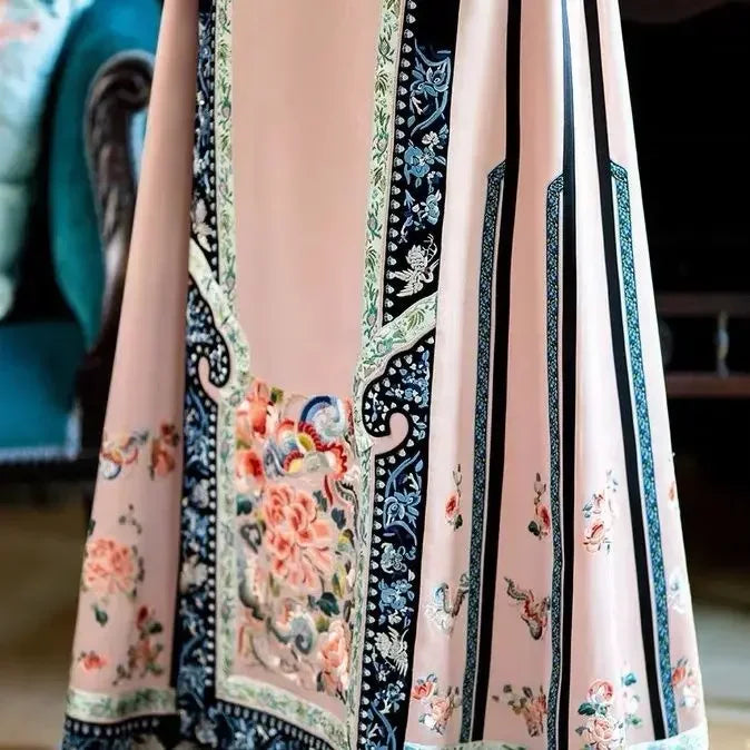 Autumn Traditional Chinese Women Clothing Black Printed Large Sleeves Top Pink Horse Faced Skirt Elegant Women Evening Dresses