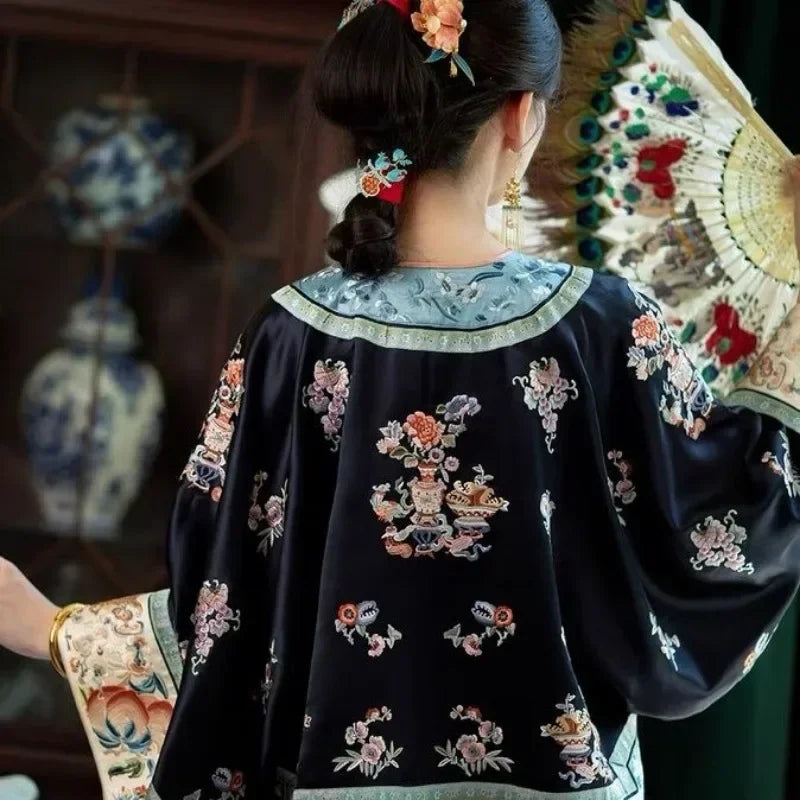 Autumn Traditional Chinese Women Clothing Black Printed Large Sleeves Top Pink Horse Faced Skirt Elegant Women Evening Dresses