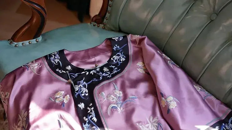 Qing Dynasty Vintage Satin Purple Flowers Printed Long Sleeves Tang Suit Tops Women Traditional Tang Blouse Online Chinese Store