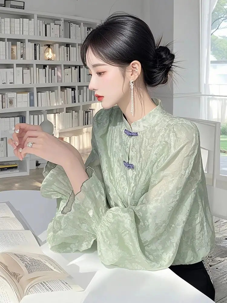 New Chinese Chiffon Shirt for Women 2025 Autumn New Design Stand-up Collar Long-sleeved Versatile Elegant Retro Top