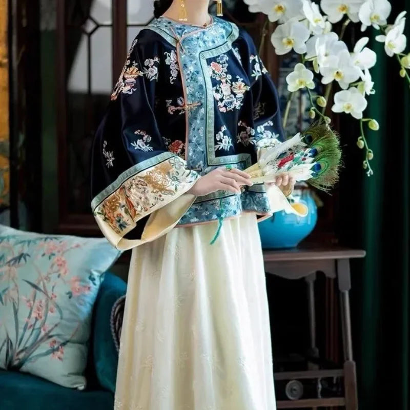 Autumn Traditional Chinese Women Clothing Black Printed Large Sleeves Top Pink Horse Faced Skirt Elegant Women Evening Dresses