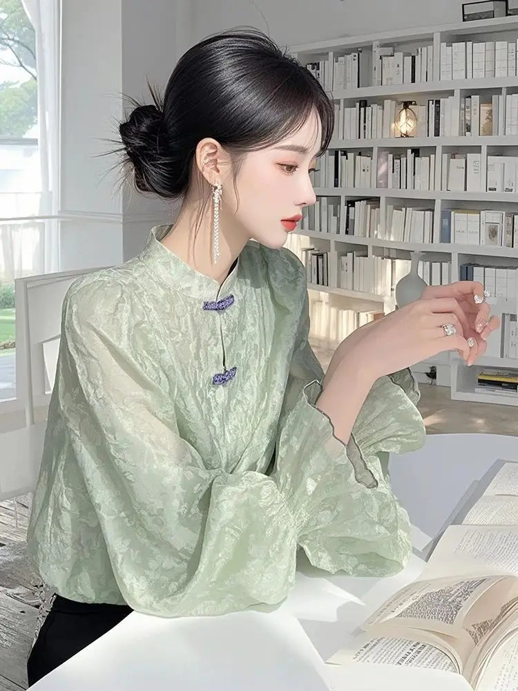 New Chinese Chiffon Shirt for Women 2025 Autumn New Design Stand-up Collar Long-sleeved Versatile Elegant Retro Top