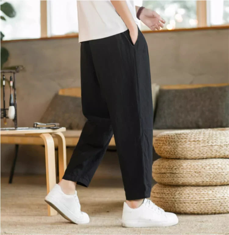 New Cotton Linen Mens Pants Casual Solid Color Breathable Streetwear Loose Straight Drawstring Baggy Lightweight Sport Pants