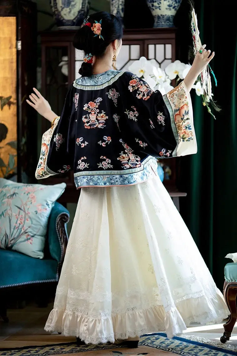 Autumn Traditional Chinese Women Clothing Black Printed Large Sleeves Top Pink Horse Faced Skirt Elegant Women Evening Dresses