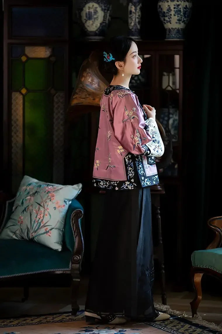 Qing Dynasty Vintage Satin Purple Flowers Printed Long Sleeves Tang Suit Tops Women Traditional Tang Blouse Online Chinese Store