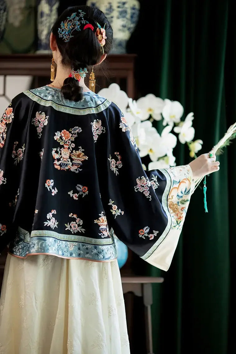 Autumn Traditional Chinese Women Clothing Black Printed Large Sleeves Top Pink Horse Faced Skirt Elegant Women Evening Dresses