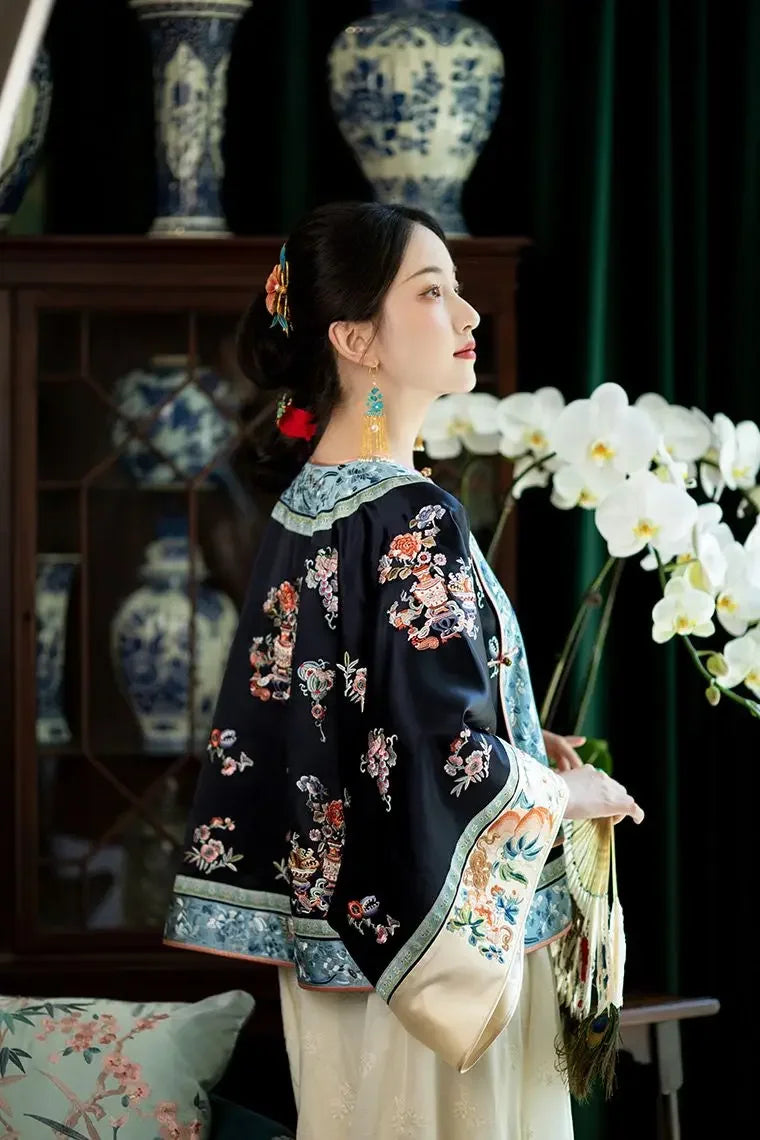 Autumn Traditional Chinese Women Clothing Black Printed Large Sleeves Top Pink Horse Faced Skirt Elegant Women Evening Dresses