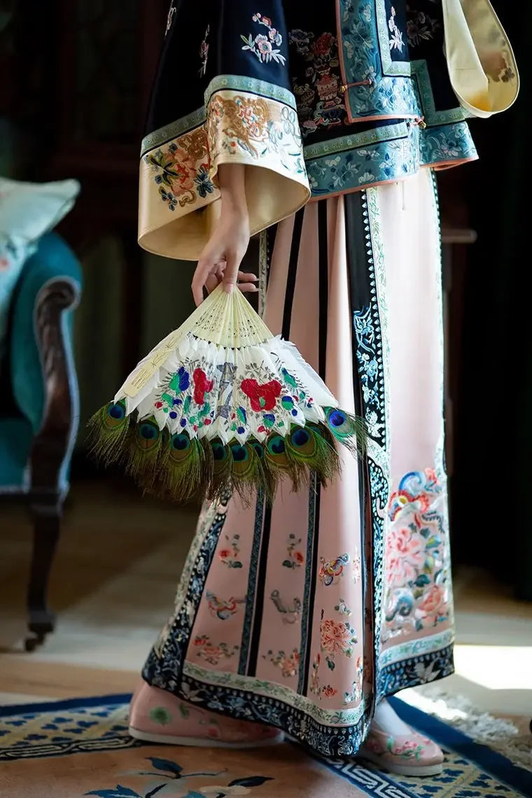 Autumn Traditional Chinese Women Clothing Black Printed Large Sleeves Top Pink Horse Faced Skirt Elegant Women Evening Dresses