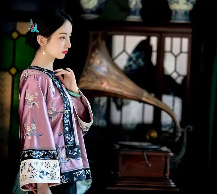 Qing Dynasty Vintage Satin Purple Flowers Printed Long Sleeves Tang Suit Tops Women Traditional Tang Blouse Online Chinese Store