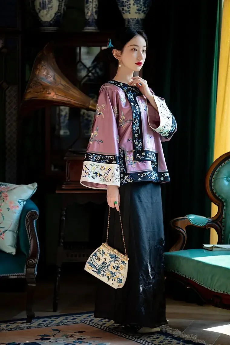 Qing Dynasty Vintage Satin Purple Flowers Printed Long Sleeves Tang Suit Tops Women Traditional Tang Blouse Online Chinese Store