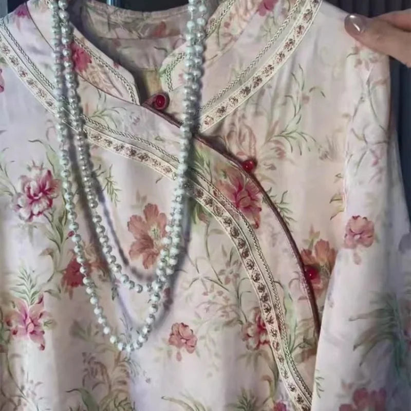 Chinese Style Frog Button Elegant Dresses Women 2025 New Spring Pink Flower Print Dress   Fashion Satin Stand Collar Streetwear