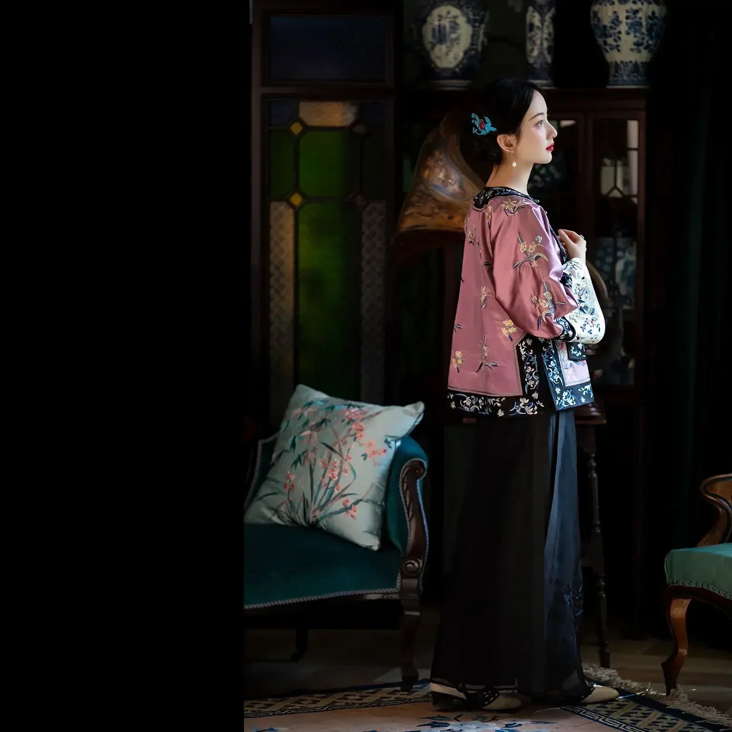 Qing Dynasty Vintage Satin Purple Flowers Printed Long Sleeves Tang Suit Tops Women Traditional Tang Blouse Online Chinese Store