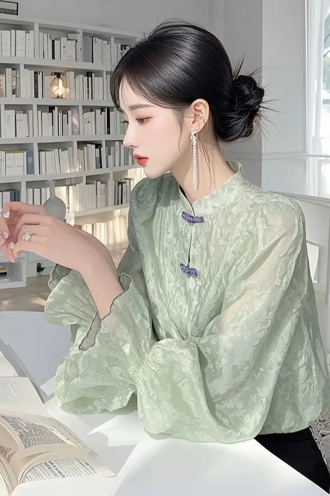 New Chinese Chiffon Shirt for Women 2025 Autumn New Design Stand-up Collar Long-sleeved Versatile Elegant Retro Top