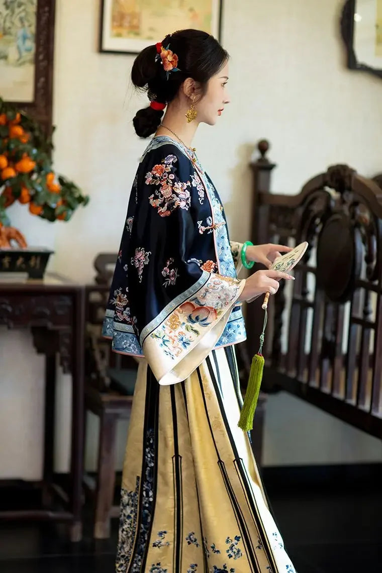 Autumn Traditional Chinese Women Clothing Black Printed Large Sleeves Top Pink Horse Faced Skirt Elegant Women Evening Dresses