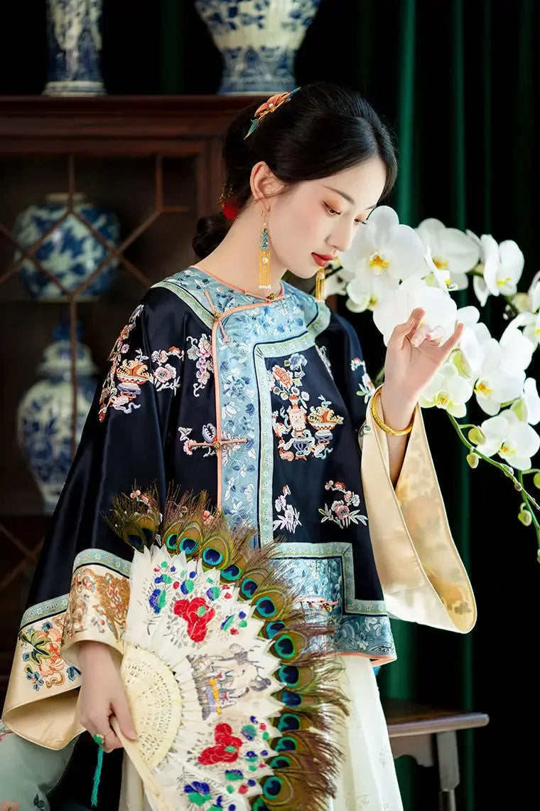 Autumn Traditional Chinese Women Clothing Black Printed Large Sleeves Top Pink Horse Faced Skirt Elegant Women Evening Dresses