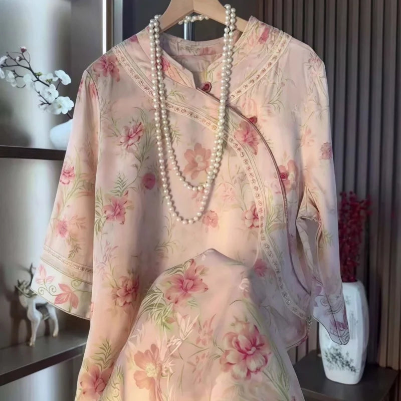 Chinese Style Frog Button Elegant Dresses Women 2025 New Spring Pink Flower Print Dress   Fashion Satin Stand Collar Streetwear