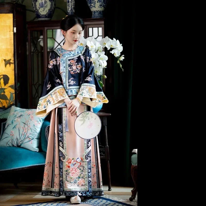 Autumn Traditional Chinese Women Clothing Black Printed Large Sleeves Top Pink Horse Faced Skirt Elegant Women Evening Dresses