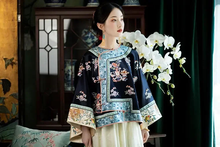 Autumn Traditional Chinese Women Clothing Black Printed Large Sleeves Top Pink Horse Faced Skirt Elegant Women Evening Dresses
