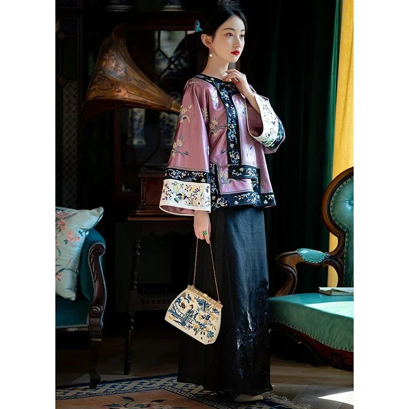 Qing Dynasty Vintage Satin Purple Flowers Printed Long Sleeves Tang Suit Tops Women Traditional Tang Blouse Online Chinese Store