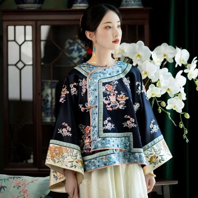 Autumn Traditional Chinese Women Clothing Black Printed Large Sleeves Top Pink Horse Faced Skirt Elegant Women Evening Dresses