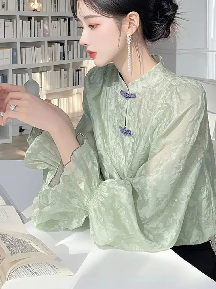 New Chinese Chiffon Shirt for Women 2025 Autumn New Design Stand-up Collar Long-sleeved Versatile Elegant Retro Top