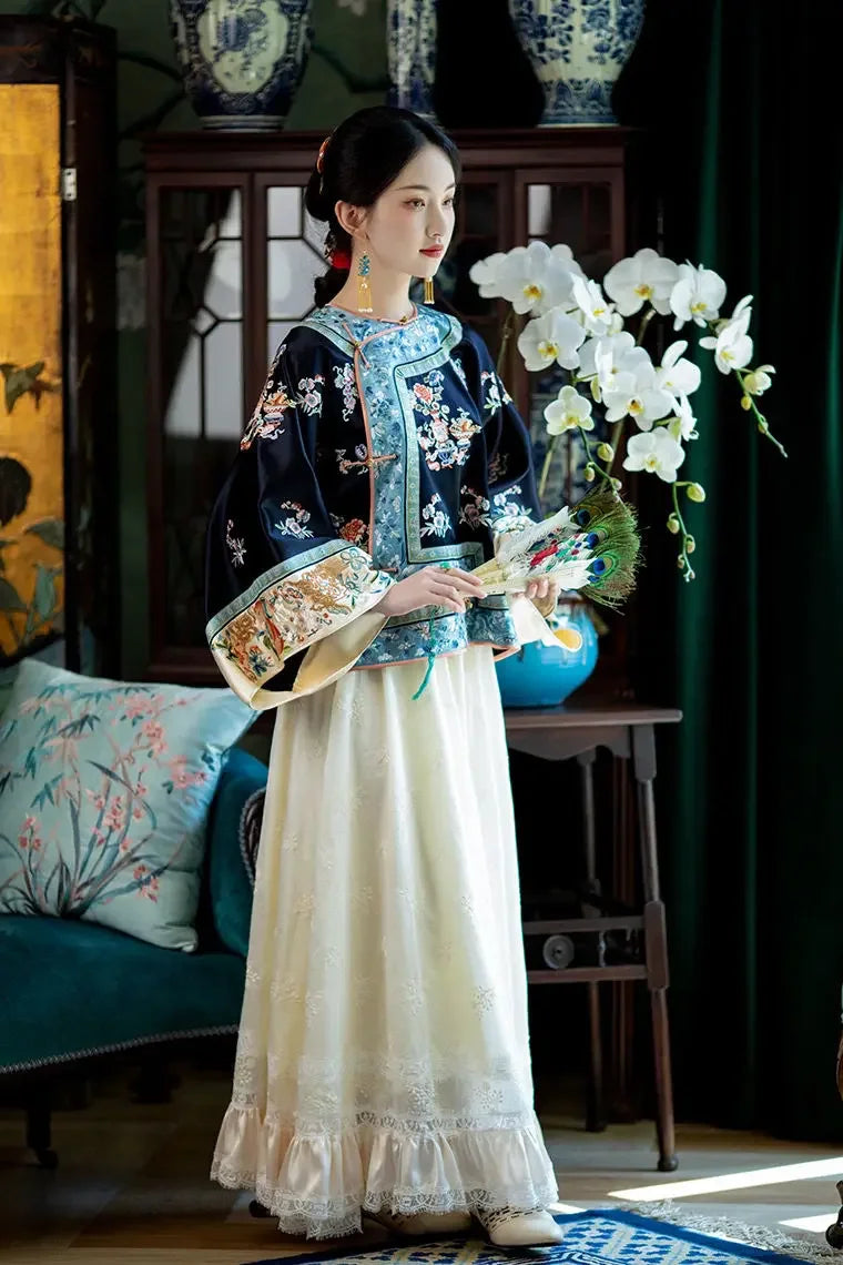 Autumn Traditional Chinese Women Clothing Black Printed Large Sleeves Top Pink Horse Faced Skirt Elegant Women Evening Dresses