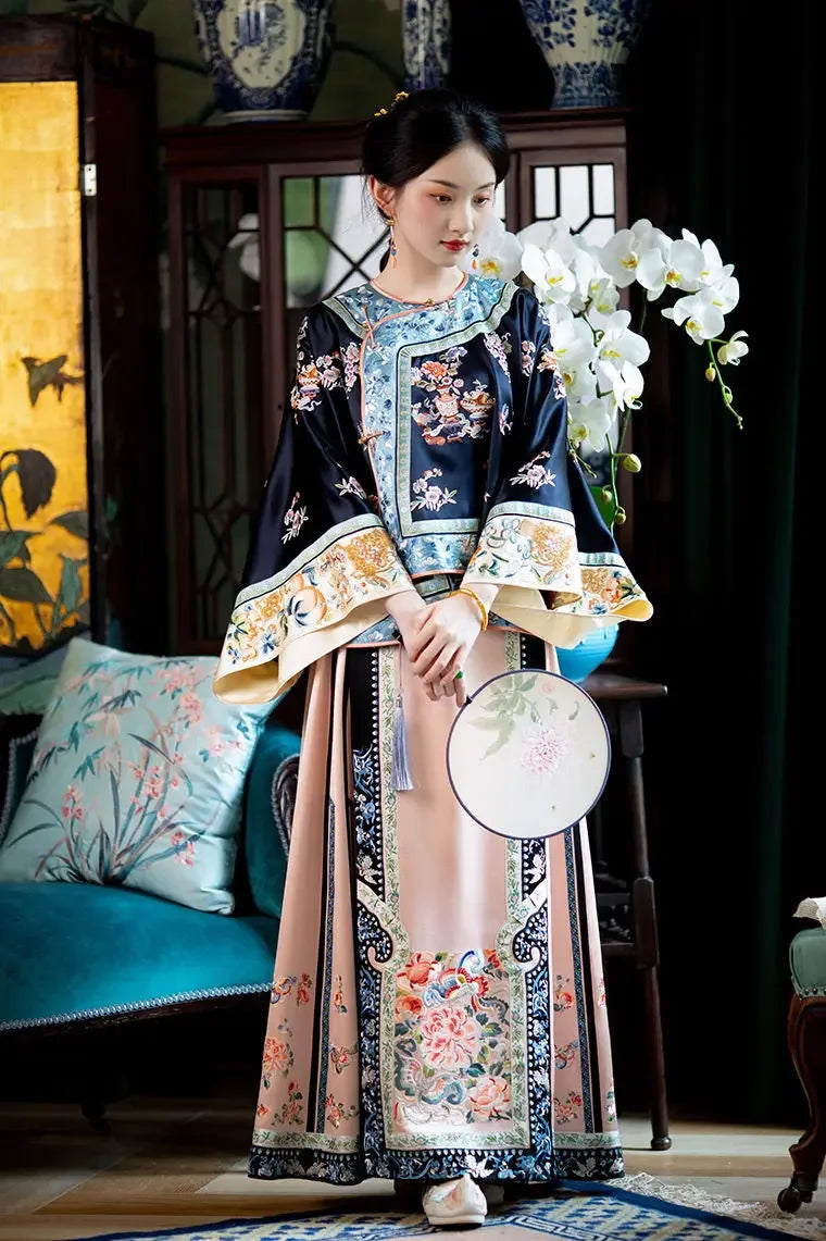 Autumn Traditional Chinese Women Clothing Black Printed Large Sleeves Top Pink Horse Faced Skirt Elegant Women Evening Dresses