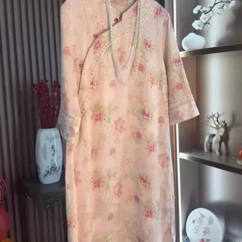 Chinese Style Frog Button Elegant Dresses Women 2025 New Spring Pink Flower Print Dress   Fashion Satin Stand Collar Streetwear