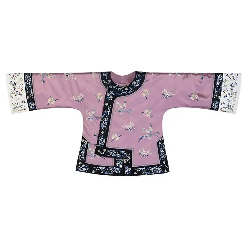 Qing Dynasty Vintage Satin Purple Flowers Printed Long Sleeves Tang Suit Tops Women Traditional Tang Blouse Online Chinese Store