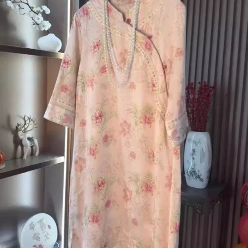 Chinese Style Frog Button Elegant Dresses Women 2025 New Spring Pink Flower Print Dress   Fashion Satin Stand Collar Streetwear