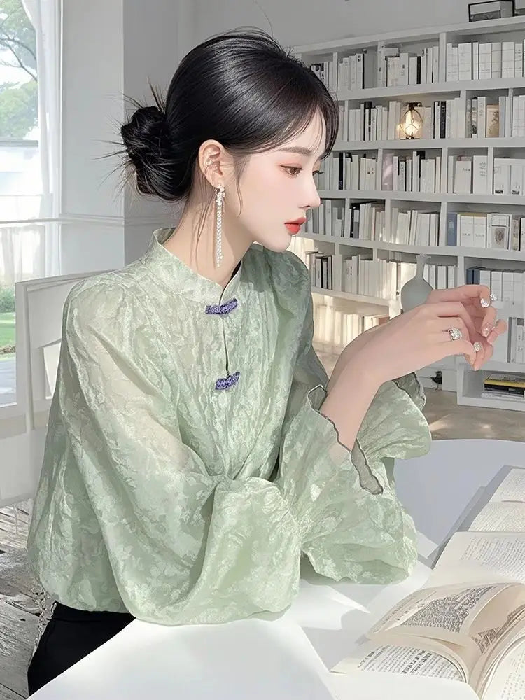 New Chinese Chiffon Shirt for Women 2025 Autumn New Design Stand-up Collar Long-sleeved Versatile Elegant Retro Top