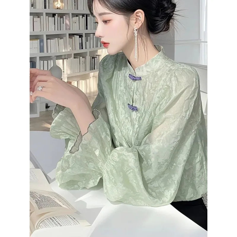 New Chinese Chiffon Shirt for Women 2025 Autumn New Design Stand-up Collar Long-sleeved Versatile Elegant Retro Top
