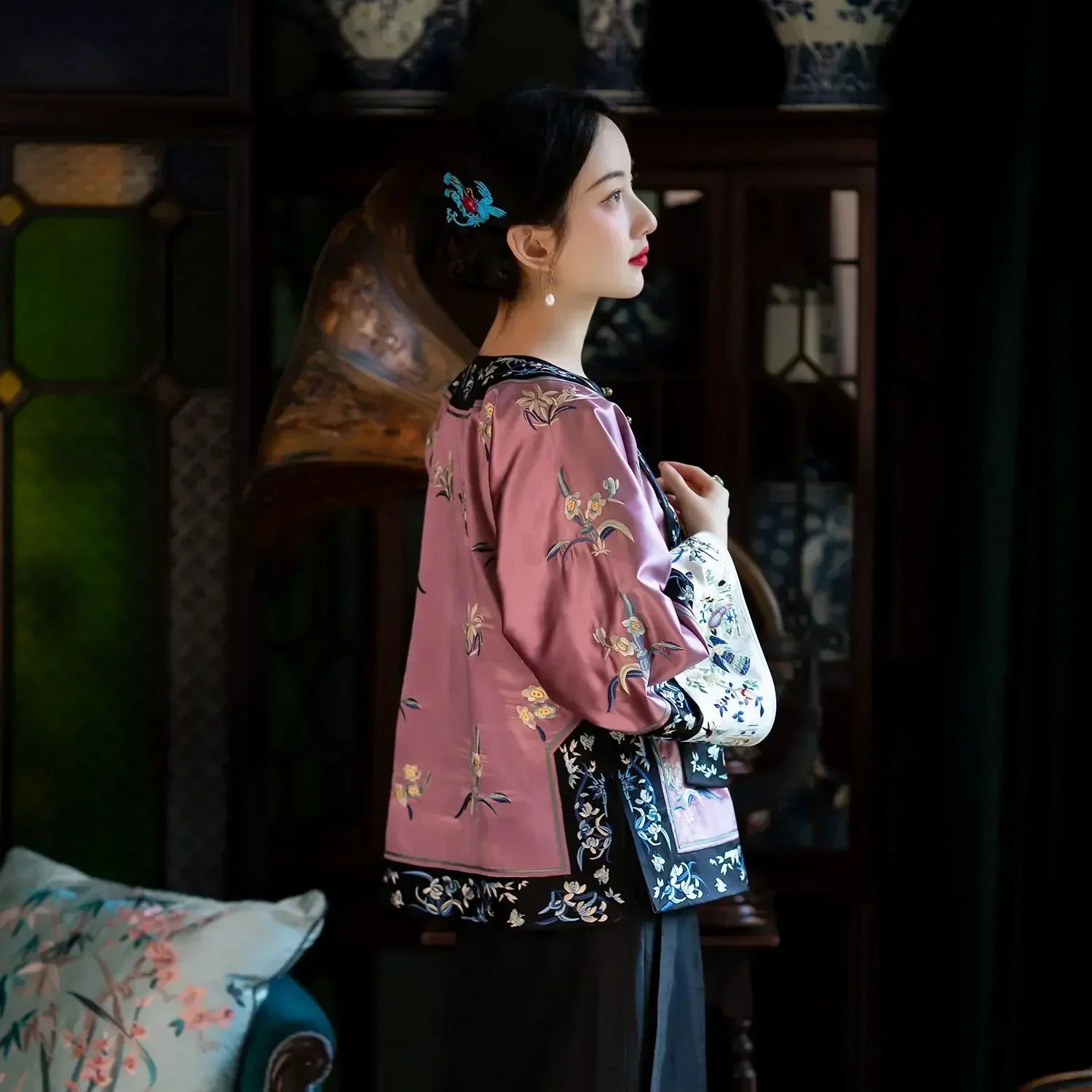 Qing Dynasty Vintage Satin Purple Flowers Printed Long Sleeves Tang Suit Tops Women Traditional Tang Blouse Online Chinese Store