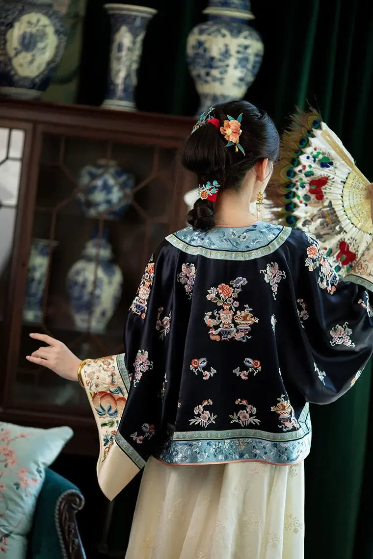 Autumn Traditional Chinese Women Clothing Black Printed Large Sleeves Top Pink Horse Faced Skirt Elegant Women Evening Dresses