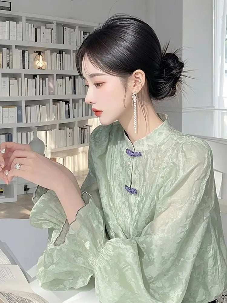New Chinese Chiffon Shirt for Women 2025 Autumn New Design Stand-up Collar Long-sleeved Versatile Elegant Retro Top