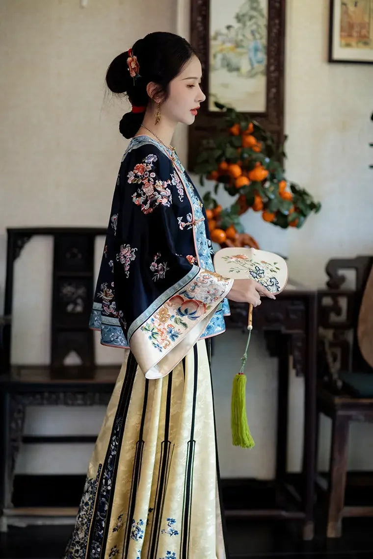 Autumn Traditional Chinese Women Clothing Black Printed Large Sleeves Top Pink Horse Faced Skirt Elegant Women Evening Dresses