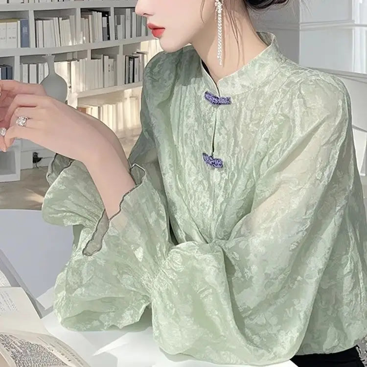 New Chinese Chiffon Shirt for Women 2025 Autumn New Design Stand-up Collar Long-sleeved Versatile Elegant Retro Top
