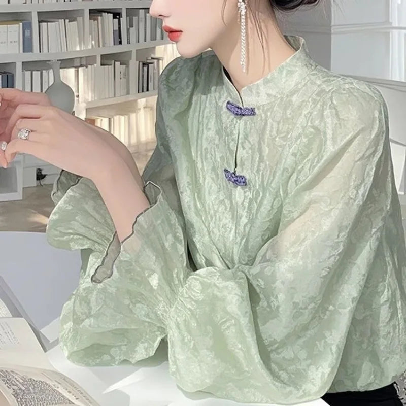 New Chinese Chiffon Shirt for Women 2025 Autumn New Design Stand-up Collar Long-sleeved Versatile Elegant Retro Top